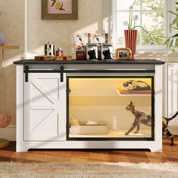 LuckyNote Farmhouse Cat Litter Box Enclosure, 46" Hidden Cat Cabinet with Sliding Barn Door, Acrylic Viewing Window, LED Light & Storage, White