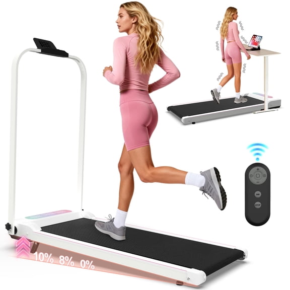 LuckyNote Foldable Treadmill with Handle & Incline, 2 in 1 Under Desk Walking Pad & Vibration Pad, 300Lbs Capacity, for Home Office, White