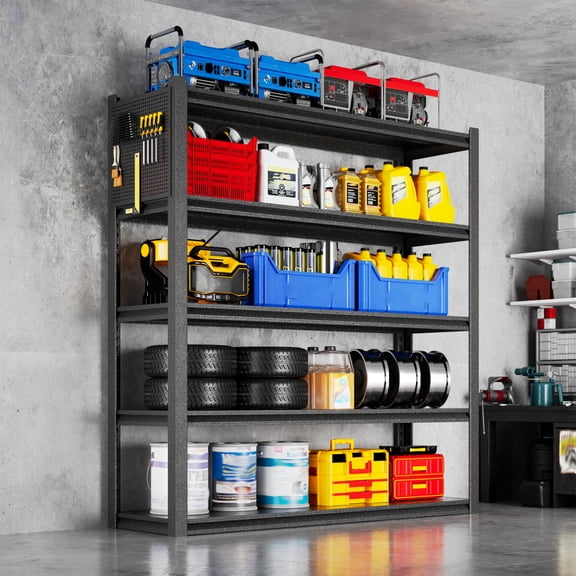 LuckyNote Heavy Duty 5-Tier Garage Shelving Unit with Pegboard, 72" Metal Storage Rack Adjustable Shelves Tool Organizer