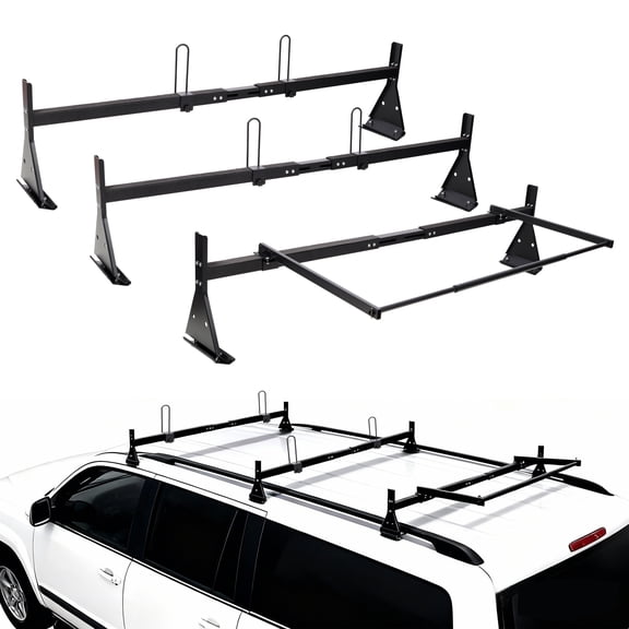 LuckyNoteHeavy-Duty 800 lbs Steel Roof Ladder Rack for Vans w/ Rear Roller, Rain Gutter Mount, 3 Bars