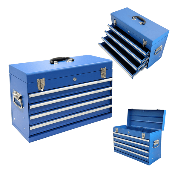 LuckyNote Heavy Duty Metal Tool Box, 21-inch Portable Tool Chest with 4 Drawers, EVA Liners, Ball Bearing Slides, Locking, Powder Coated – Blue