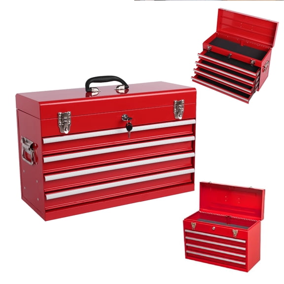 LuckyNote Heavy Duty Metal Tool Box, 21-inch Portable Tool Chest with 4 Drawers, EVA Liners, Ball Bearing Slides, Locking, Powder Coated – Red