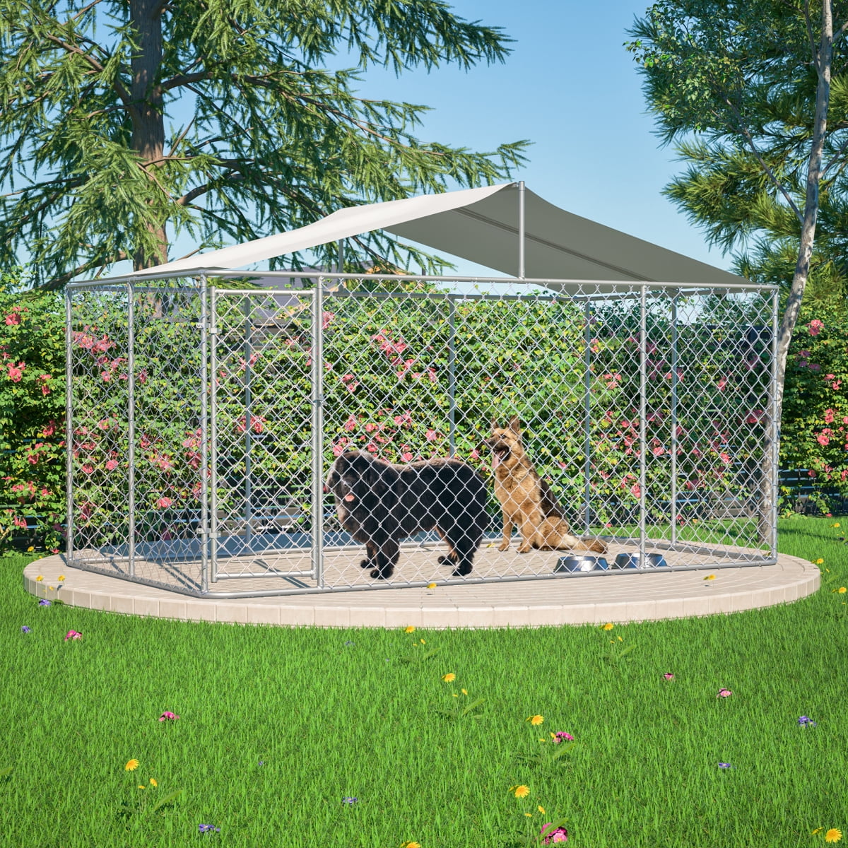 LuckyNote Heavy Duty Outdoor Dog Kennel 13.1x7.5x7.6 ft, Galvanized Chain Link Playpen with Waterproof Anti-UV Cover, Secure Lock, Grey