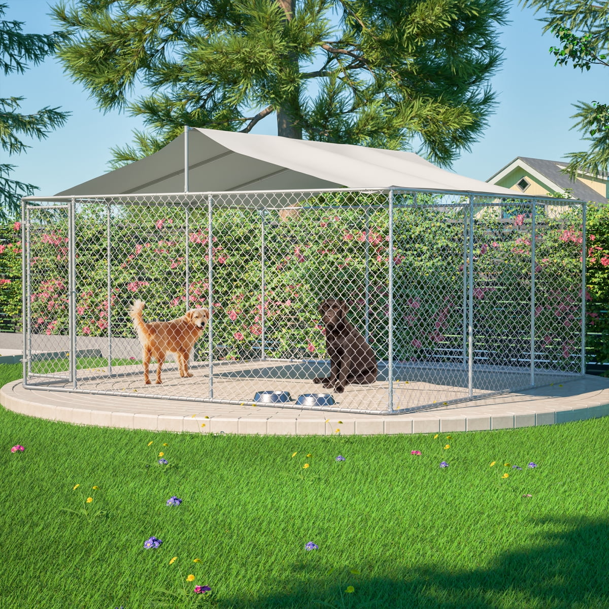 LuckyNote Heavy Duty Outdoor Dog Kennel 14.8x14.8x7.6 ft, Galvanized Chain Link Playpen with Waterproof Anti-UV Cover, Secure Lock, Silver