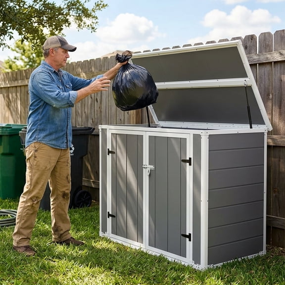 LuckyNote Horizontal Outdoor Storage Shed with Ramp & Hydraulic Lid, Lockable Waterproof Cabinet for Trash Cans Tools Firewood, Gray
