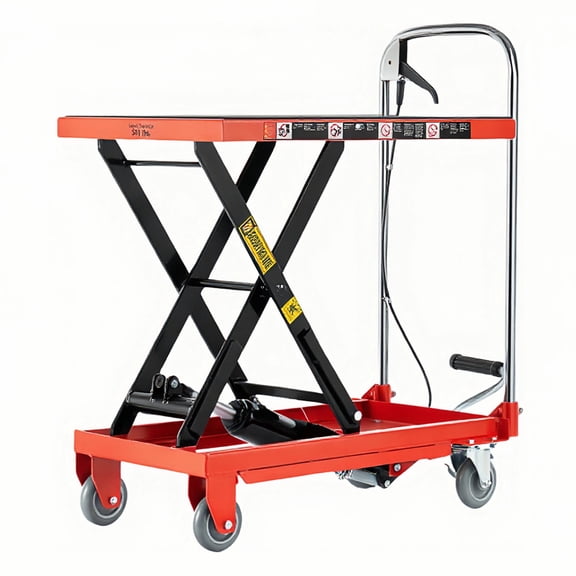 LuckyNote Hydraulic Lift Table Cart, 500 lbs Load Capacity, 28.5" Lifting Height, Single Scissor Lift with Non-Slip Pads & 4 Wheels for Material Handling Red+Black