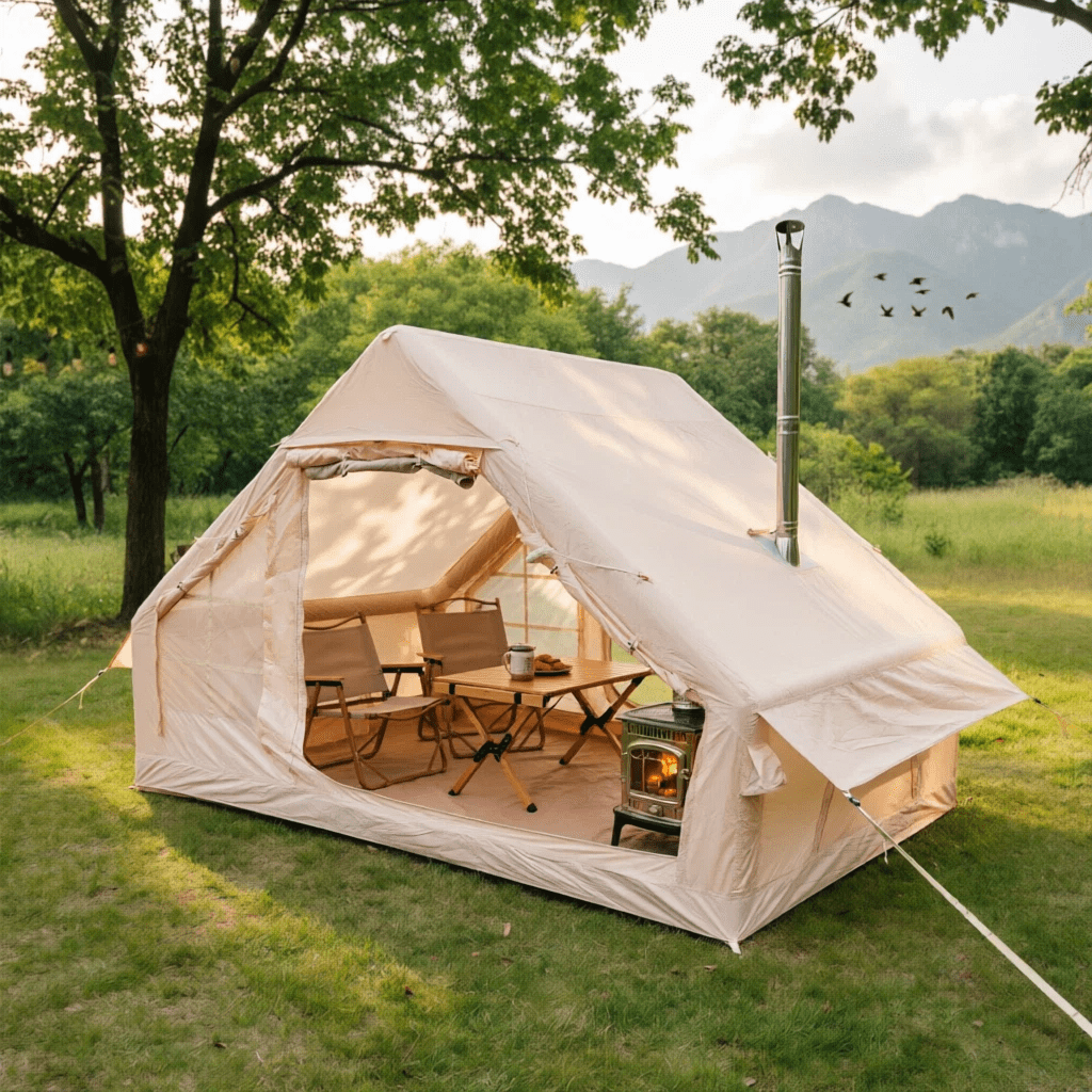 LuckyNote Inflatable Camping Tent with Hand Pump, 4 Season Air Glamping Tent Waterproof Windproof, Oxford Cabin with Mesh & Chimney Window, Beige