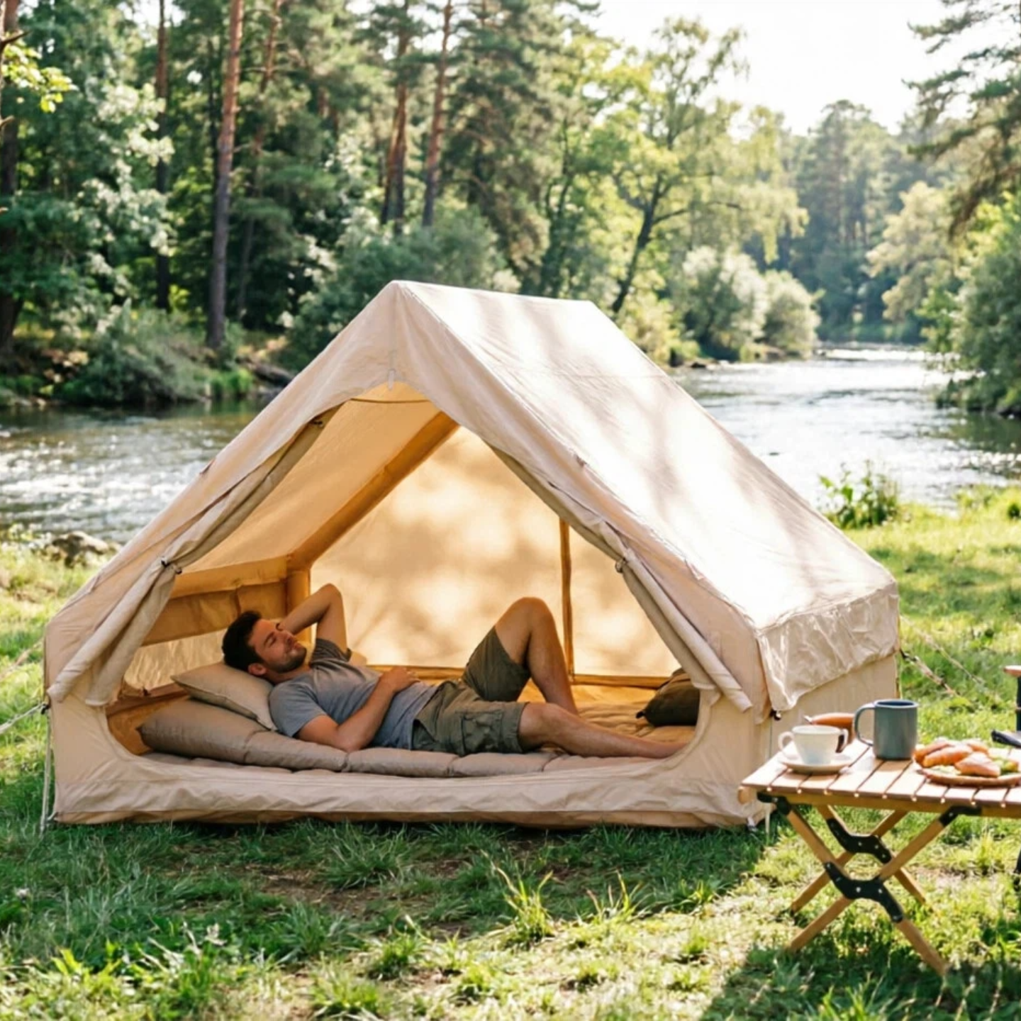 LuckyNote 4‑6 Person Inflatable Tent with Pump, 4 Season Waterproof Glamping Tent, Easy Setup Air Tent with 12 Mesh Windows, Khaki