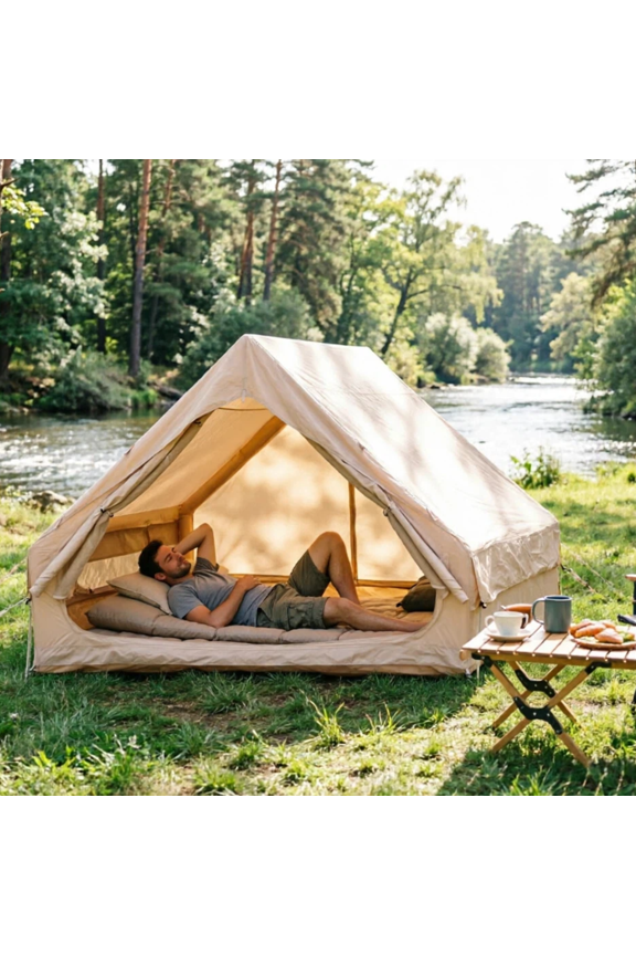 46 Person Inflatable Tent with Pump, 4 Season Waterproof Glamping Tent, Easy Setup Air Tent with 12 Mesh Windows, Khaki