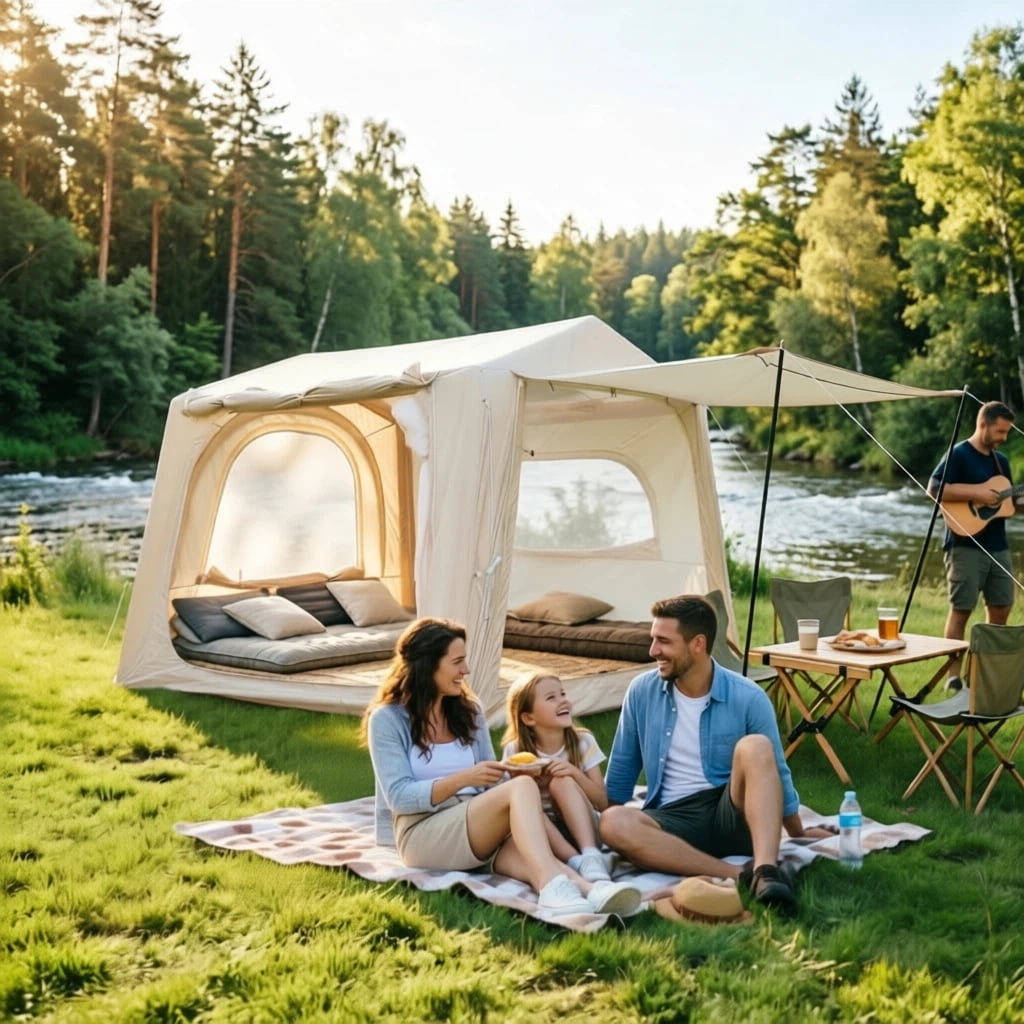 LuckyNote 2-in-1 Inflatable SUV Tent, 4 Season Waterproof Camping Tent with Air Pump, Easy Setup for 4-6 Adults, Beige