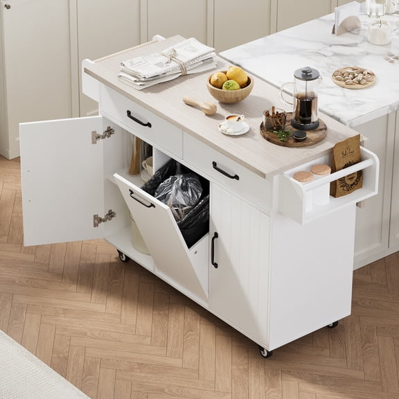 LuckyNote Kitchen Island with Trash Can Storage Cabinet, Rolling Cart with Drop Leaf & Spice Rack, White