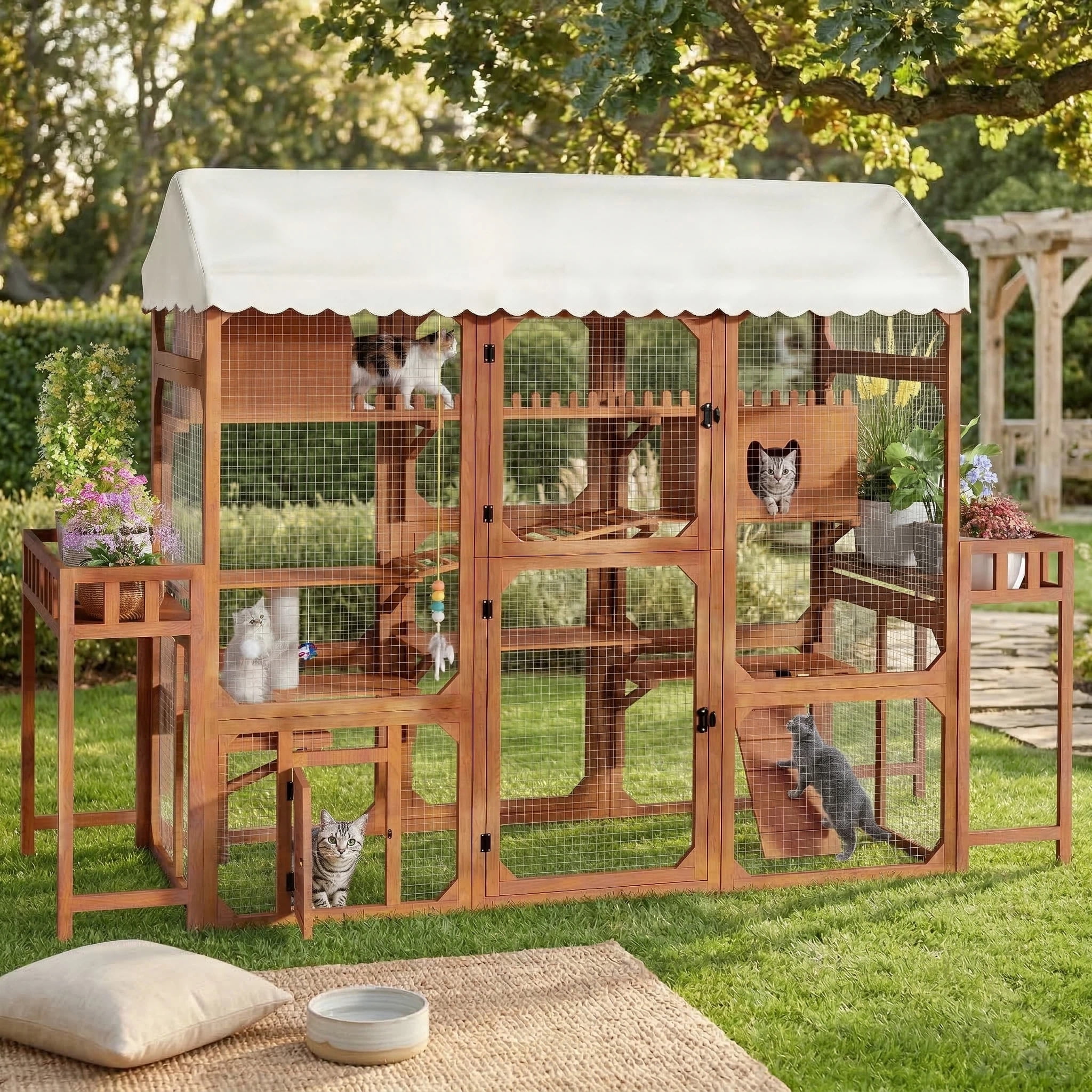 LuckyNote Large Outdoor Cat Enclosure, Wooden Catio with 2 Plant Stands, Multi-Level Cat Playpen with Weather-Resistant Roof & Wire Mesh for Backyard Patio