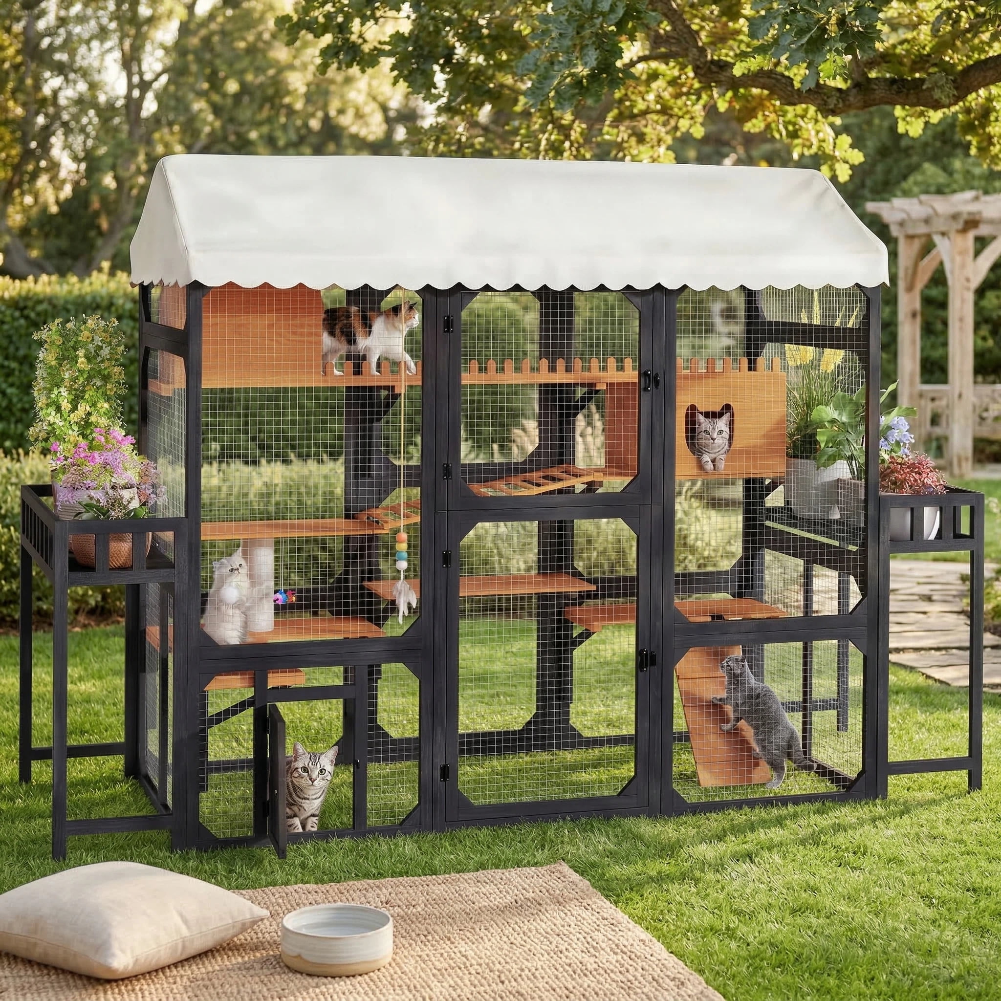 LuckyNote Large Outdoor Cat Enclosure, Wooden Catio with 2 Plant Stands, Multi-Level Cat Playpen with Weather-Resistant Roof & Wire Mesh for Backyard Patio