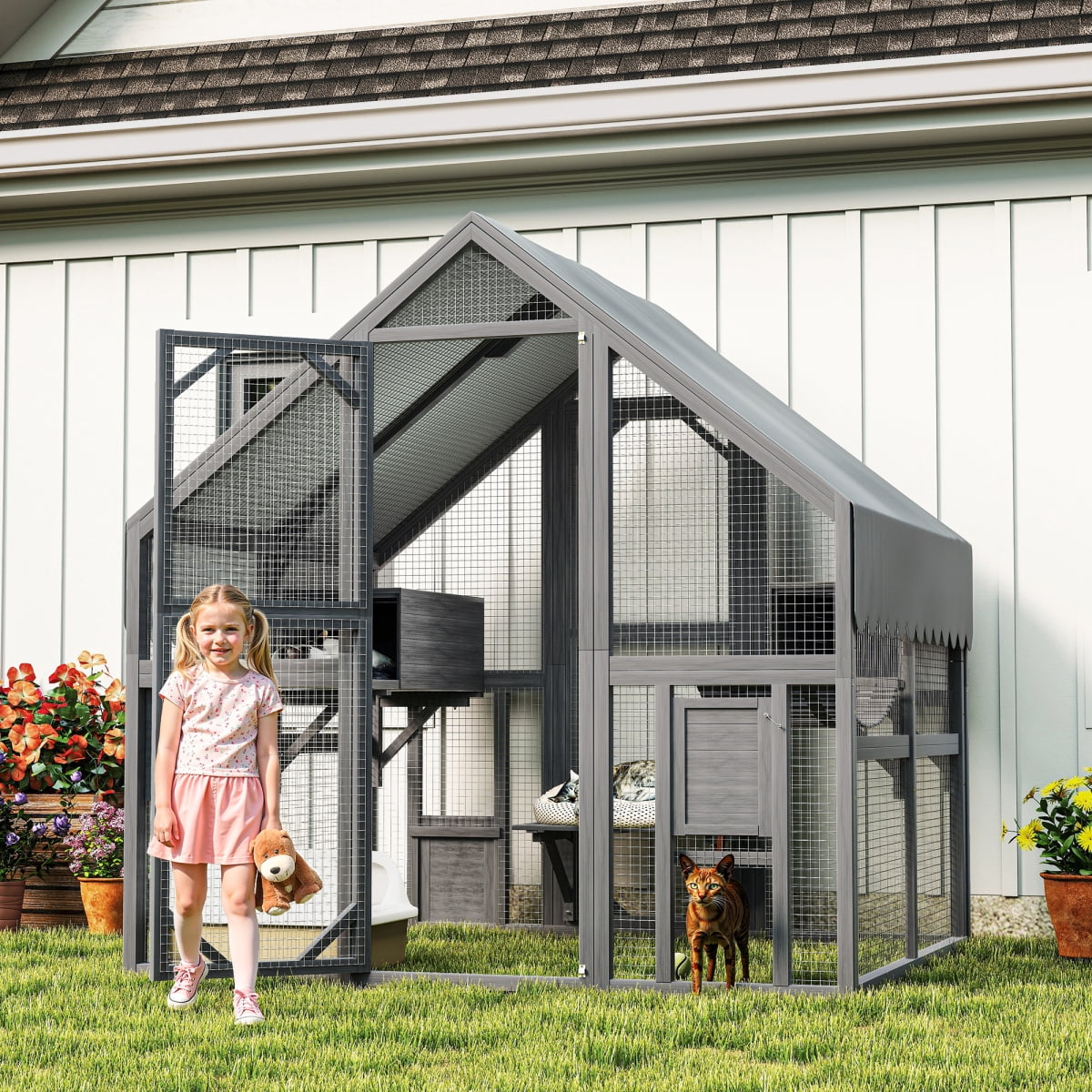 LuckyNote Large Outdoor Cat Enclosure for Multiple Cats, 2 Platforms & 2 Resting Boxes & 1 Bridge, Wooden Shelter, Gray
