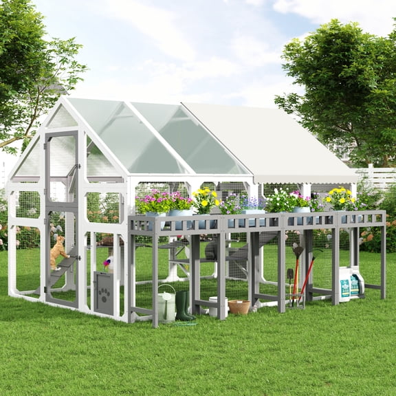 LuckyNote Large Outdoor Cat House with Planter Stand, Wooden Cat Enclosure with Resting Boxes, Hanging Bridge, Platforms, Walk-In Catio with Waterproof Cover
