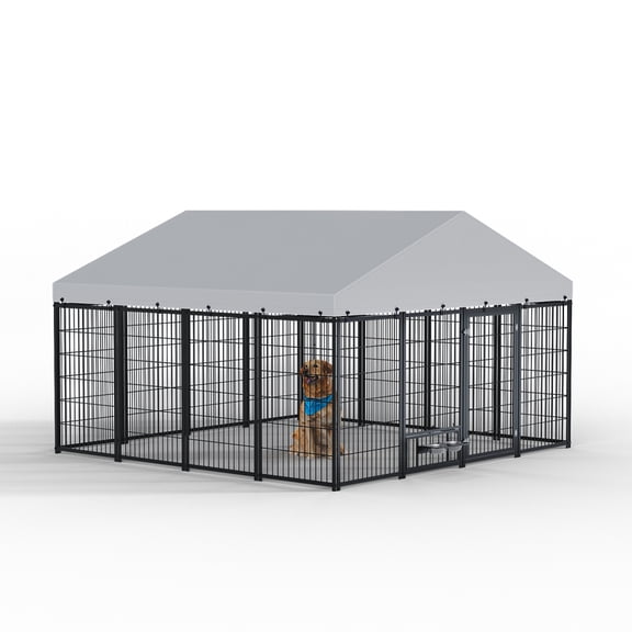 LuckyNote Large Outdoor Dog Kennel Heavy Duty Metal Pet Enclosure with Waterproof Roof Cover, Double Lock Door & Adjustable Feeders for Dogs, Multiple Sizes Available up to 18.9ft, Black