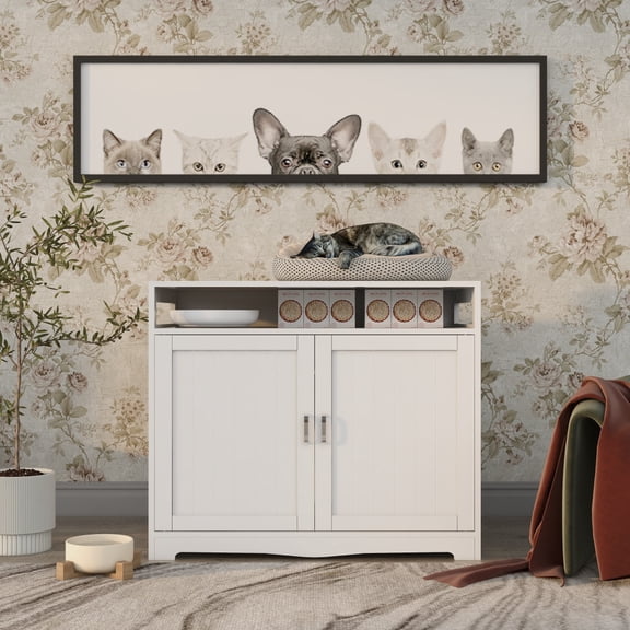 LuckyNote Litter Box Enclosure, Cat Litter Box Furniture with Hidden Plug, 2 Doors, Indoor Cat Washroom Storage Bench Side Table, White