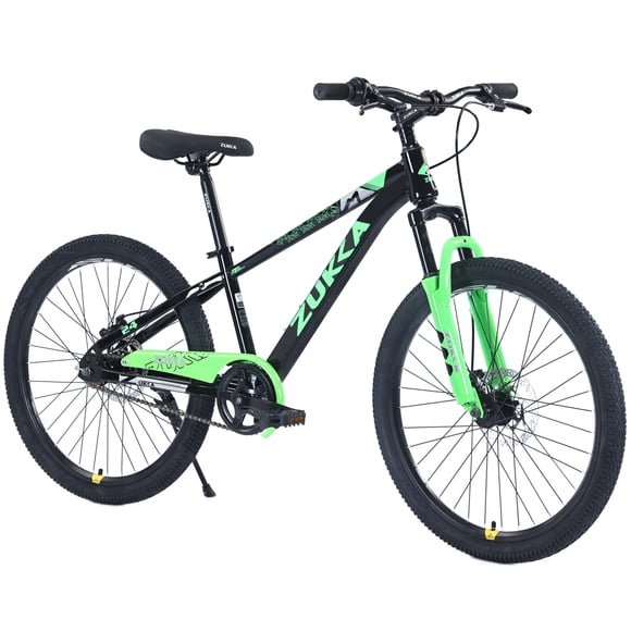 LuckyNote Mountain Bike 24 Inch MTB, Steel Frame, Single Speed, Double Disc Brake, Blackish Green