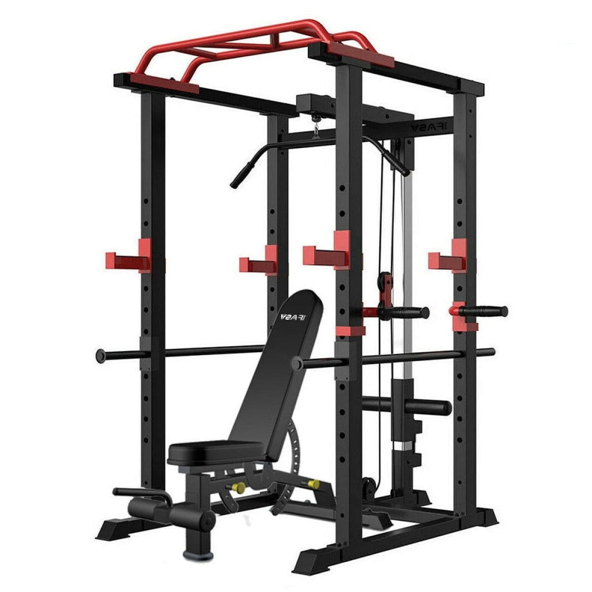 LuckyNote Multi‑functional Power Cage 1000 lbs Capacity, Home Adjustable Squat Rack with Pullup Bar, Weight Bench, 200 LBS Bumper Plates & 7FT Olympic Bar