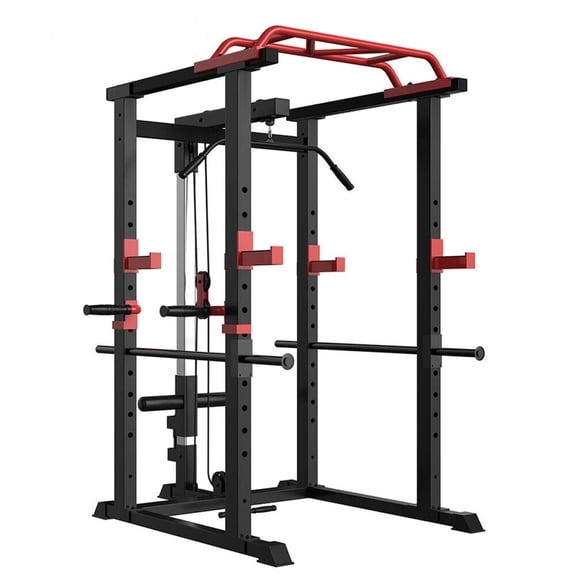 LuckyNote Multi-functional Power Cage 1000Lbs Capacity, Home Squat Rack with Pullup Bar, 200Lbs Bumper Plates & 7FT Olympic Bar, Black+Red