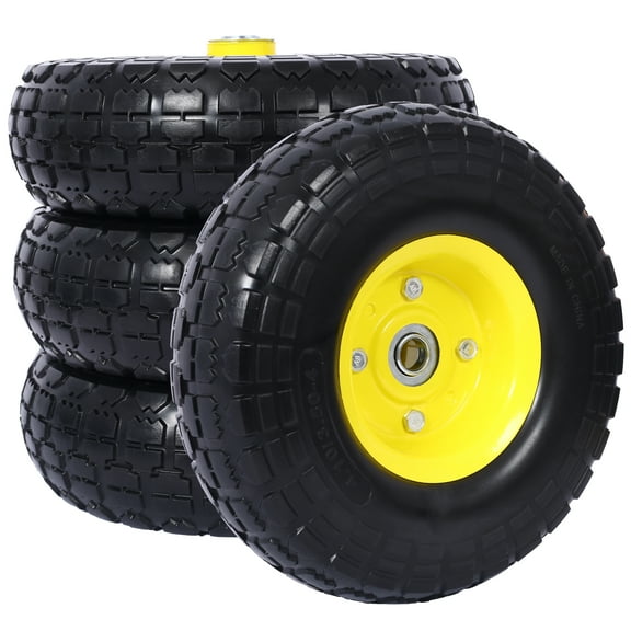 LuckyNote Heavy-Duty 10" Flat-Free Tire & Wheel, 4.10/3.50-4, PU Foam, 5/8" Bore for Hand Truck, Lawn Mower, Dolly, Black/Yellow