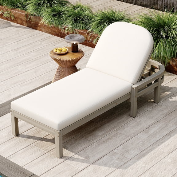 LuckyNote Outdoor Chaise Lounge, Premium Acacia Wood Patio Recliner with 5-Position Adjustable Backrest, Arched Design, Thick Weather-Resistant Cushion for Poolside Backyard