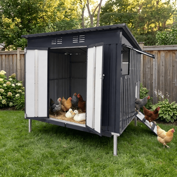 LuckyNote Outdoor Galvanized Metal Chicken Coop with Pull Out Waste Trays, Raised Base & Adjustable Window, Weatherproof Poultry Cage, Charcoal Grey