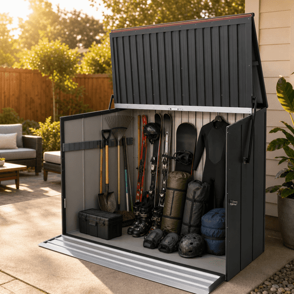 LuckyNote Outdoor Galvanized Steel Storage Shed with Flip Top & Foldable Door, Large Capacity Metal Tool Cabinet, Charcoal Grey