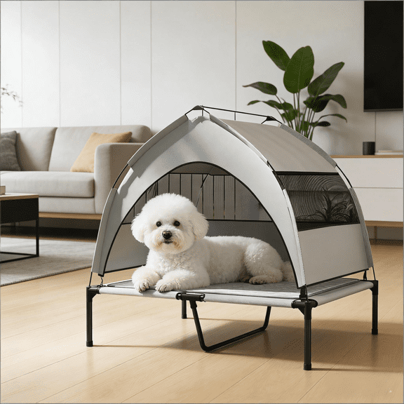 LuckyNote Portable Elevated Pet Cot for Large Dogs, 3-Sided Removable Canopy Outdoor Dog Bed with Breathable Mesh & Travel Storage Bag [Light Gray/Black]