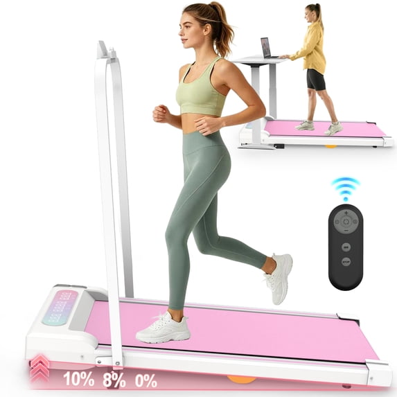 LuckyNote Under Desk Treadmill with Incline, 2 in 1 Portable Walking Pad with Handle, 2.5HP Motor, Remote & LED Display, for Home Office, Pink