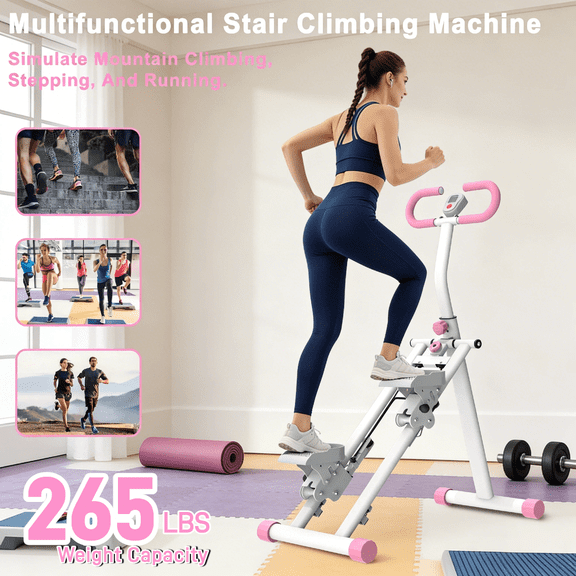 LuckyNote Vertical Climber Machine, Pink Foldable Stair Stepper with Adjustable Handles for Home Full Body Cardio Workout