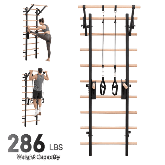LuckyNote Wall Mount Swedish Ladder Home Gym, Training Stall Bar with Adjustable Pull Up & Dip Bars, Resistance Straps, 286 lbs Capacity, Black+Natural