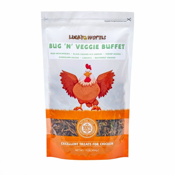 LuckyQworms Bug & Veggie Chicken Treats - Dried Mealworms BSF Larvae Carrots Greens 1lb Protein Mix Bug N Veggie Buffet Excellent Treats for Chicken US Dry Food Bird - Animal Feeding