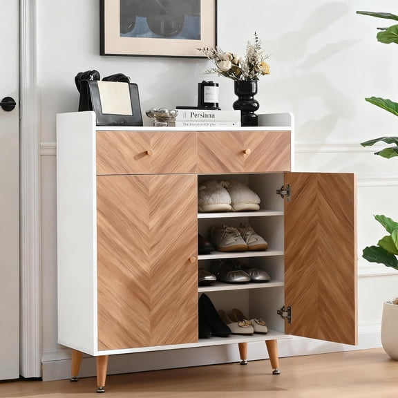 LuckyStone Shoe Storage Cabinet with 2 Doors, 20 Pairs Shoes Cabinet for Entryway with Adjustable Shelves and 2 Drawer, 31.5'' Wide Shoe Rack Shoe Organizer Cabinet for Entryway Living Room (White)