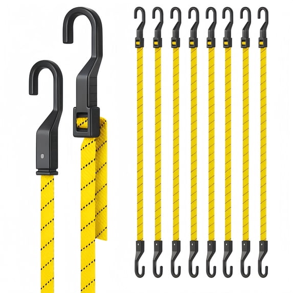 Lucky Straps 8-Family Pack 48" Adjustable UV-Resistant Flat Bungee Cords with Hooks, Yellow, Heavy Duty, for Cargo, Bike, Camping, Outdoor, and Home Use