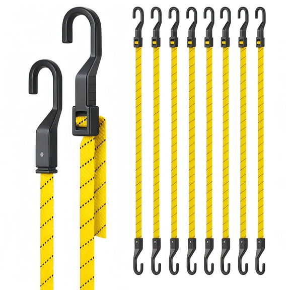 Lucky Straps 8-Pack 48" Adjustable UV-Resistant Flat Bungee Cords with Hooks, Yellow, Heavy Duty, for Cargo, Bike, Camping, Outdoor, and Home Use