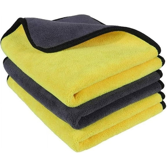 Luckybay 3 Pack Cleaning Towels, 16 x 12 inch 800GSM, Thick and Quick Drying Ultrasoft Microfiber Dual-Sided Cloth for Car Washing and Polishing Waxing Auto Detailing, Household Cleaning (Grey/Yellow)