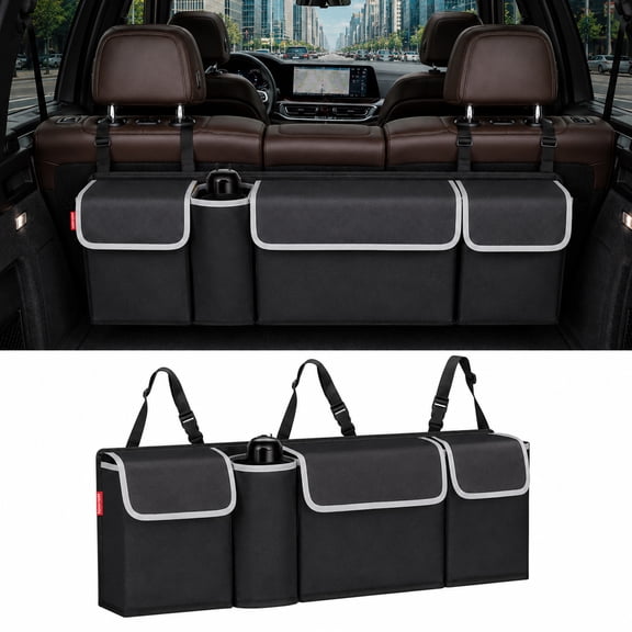 Luckybay Car Hanging Organizer, Car Trunk Tidy Storage Bag with 4 Pockets Adjustable Strap Durable Cover, Space Saving Expert Fit for Most Vehicles
