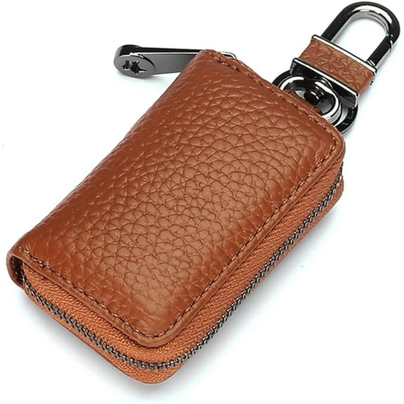 Luckybay Leather Car Key Case Holder – Compact Zippered Auto Key Fob Protector Pouch for Smart & Folding Keys, Coins – Keychain Wallet for Men & Women (Caramel)