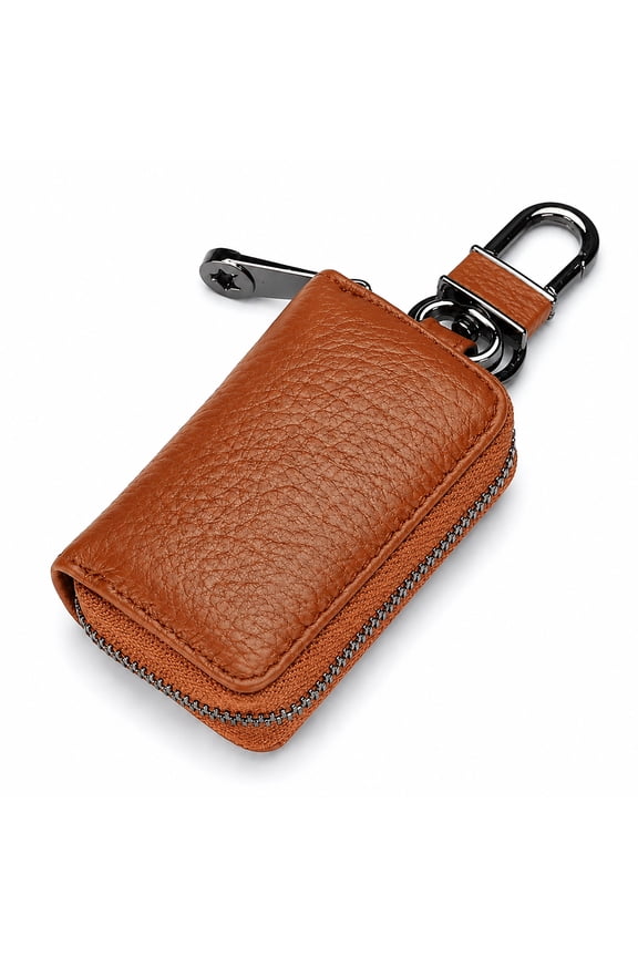 Leather Car Key Case Holder – Compact Zippered Auto Key Fob Protector Pouch for Smart & Folding Keys, Coins – Keychain Wallet for Men & Women (Caramel)