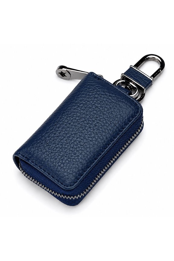 Leather Car Key Case Holder – Compact Zippered Auto Key Fob Protector Pouch for Smart & Folding Keys, Coins – Keychain Wallet for Men & Women (Navy)