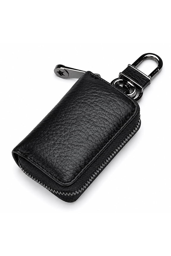 Leather Car Key Case Holder – Compact Zippered Auto Key Fob Protector Pouch for Smart & Folding Keys, Coins – Keychain Wallet for Men & Women (Black)
