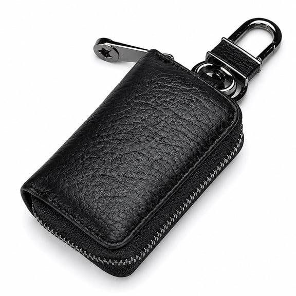 Luckybay Leather Car Key Case Holder – Compact Zippered Auto Key Fob Protector Pouch for Smart & Folding Keys, Coins – Keychain Wallet for Men & Women (Black)