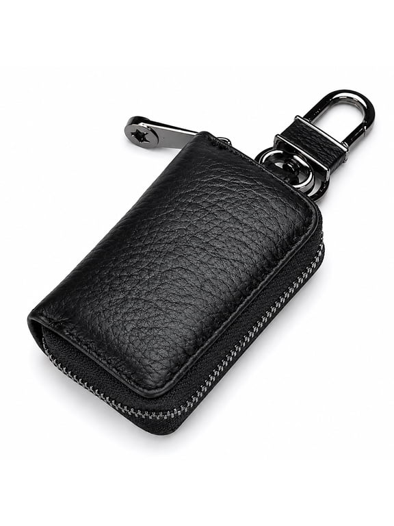 Leather Car Key Case Holder – Compact Zippered Auto Key Fob Protector Pouch for Smart & Folding Keys, Coins – Keychain Wallet for Men & Women (Black)