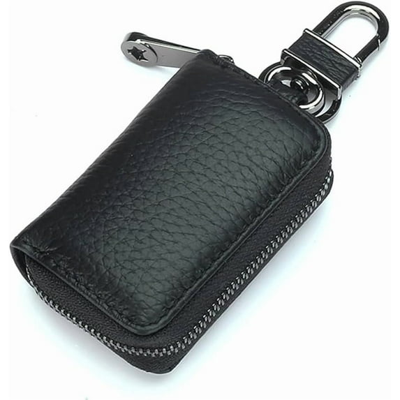 Luckybay Leather Car Key Case Holder – Compact Zippered Auto Key Fob Protector Pouch for Smart & Folding Keys, Coins – Keychain Wallet for Men & Women (Black)