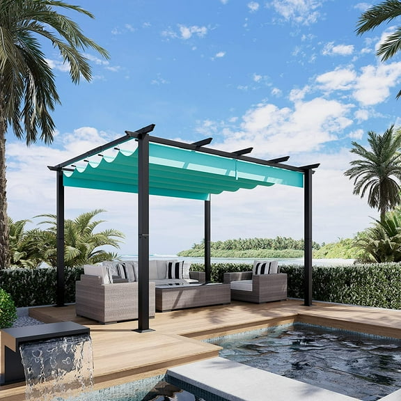 Luckyberry 10' X 12' Outdoor Retractable Pergola with Sun Shade Canopy Patio Metal Shelter for Garden Porch Beach Pavilion Grill Gazebo Modern Yard Grape Trellis Pergola, Turquoise Blue