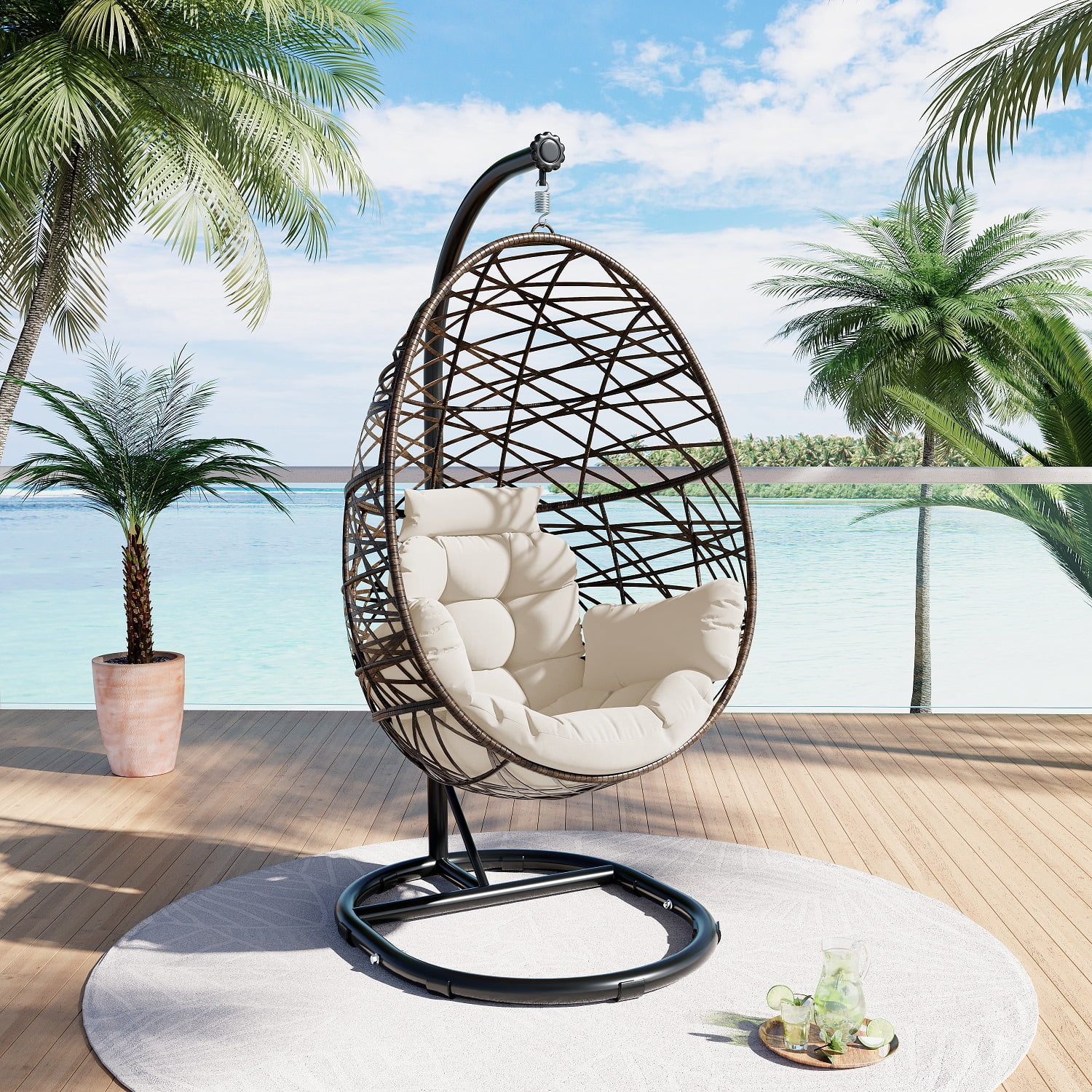 Luckyberry Outdoor Wicker Tear Drop Hanging Egg Chair with Stand, Patio