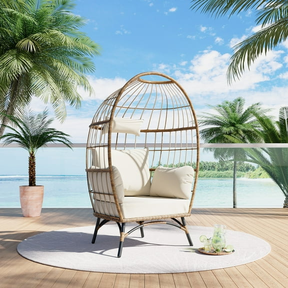 Luckyberry Wicker Egg Chair Rattan Chair Brown, Outdoor Patio Porch Lounge
