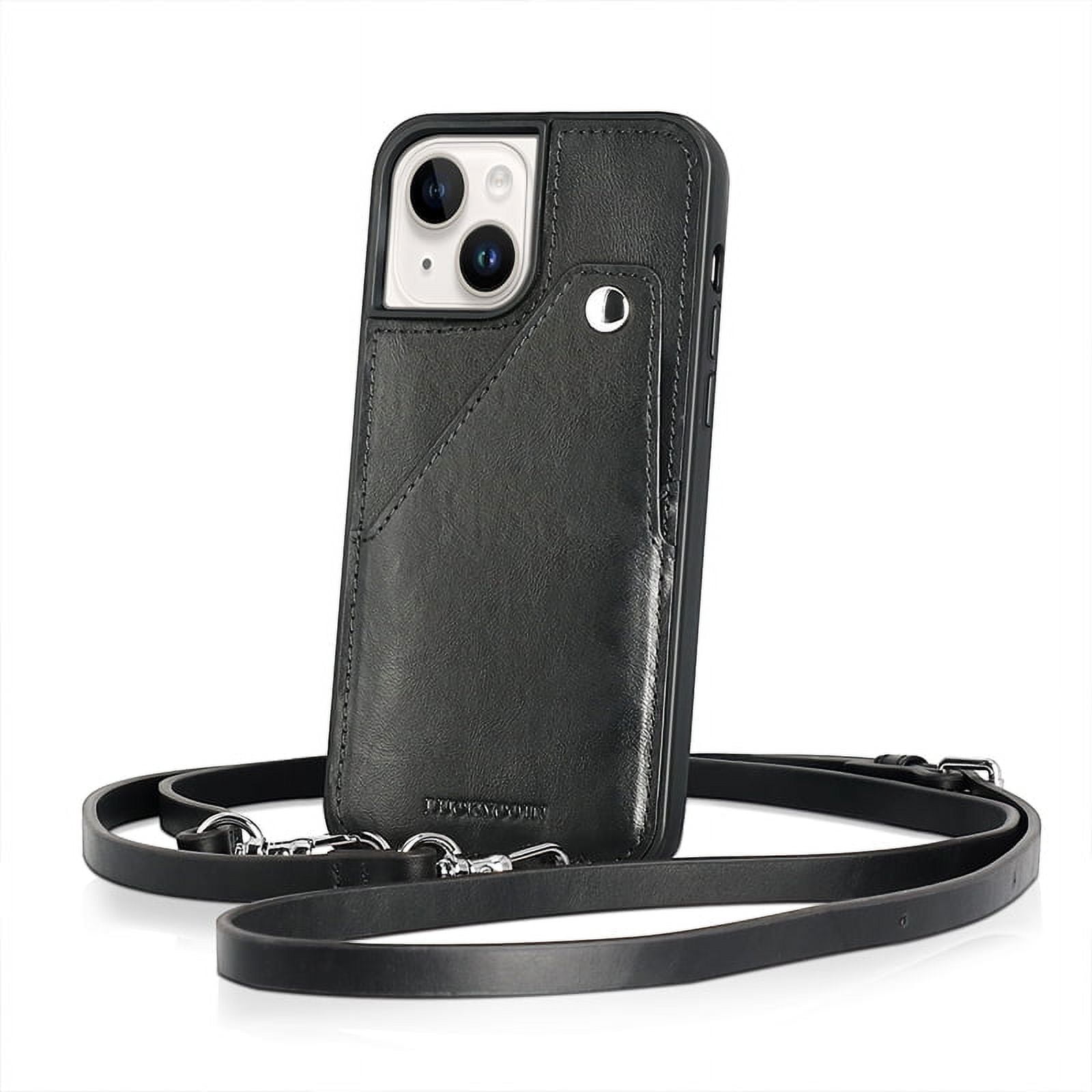 Luckycoin Black Handmade Genuine Leather Crossbody Case for iPhone 14 Case 6.1-Inch,with Strap and Flip Wallet Card Holder,Shockproof Durable Scratch Protective