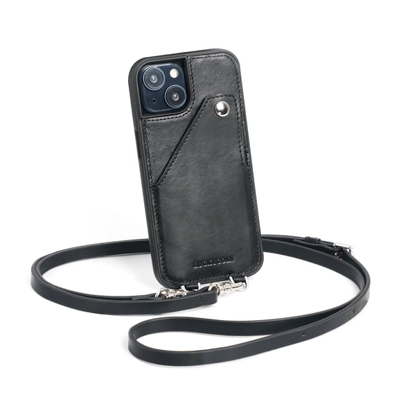 Luckycoin Black Handmade Genuine Leather Crossbody Case for iPhone 15 Case 6.1-Inch,with Strap and Flip Wallet Card Holder,Shockproof Durable Scratch Protective